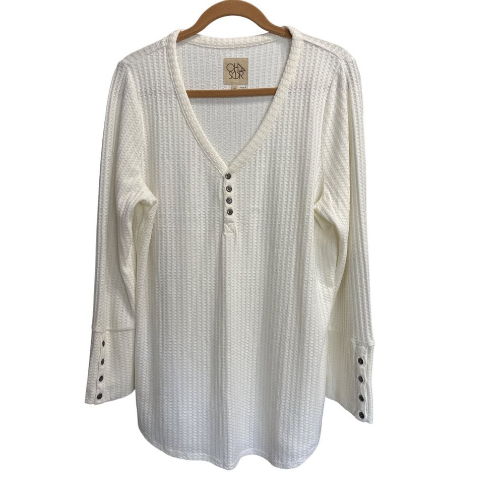 Chaser size XXL cream v neck waffle thermal wide cuff tunic top FLAW